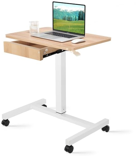 CLATINA Mobile Laptop Standing Desk, Height Adjustable Teacher Podium with Lockable Wheels, Adjustable Work Table with Drawer, Computer Cart Overbed Table for Home Office Classroom, Beige