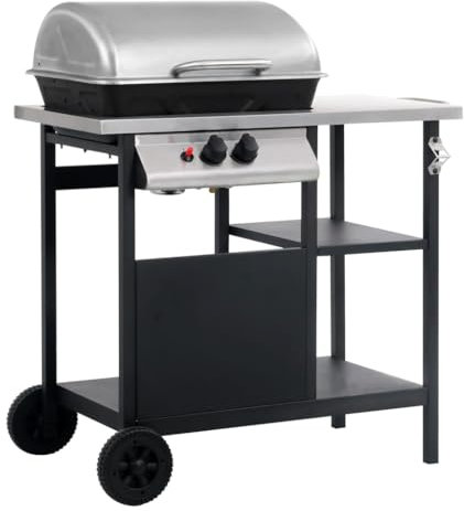 Furniture Select, barbecue a gas con tavolino a 3 strati, nero e argento