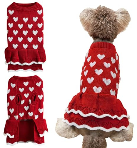 Winmany Suéter para Perro del Día de San Valentín Pequeño Mediano Gatos Perros Vestido de Corazón Rojo Rosa Mascota Invierno Cuello Alto Pullover Jersey de Punto (Rojo, S)