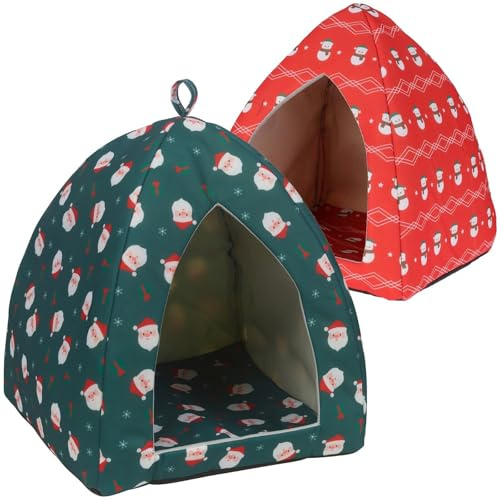 URBNLIVING Foldable Red Green Christmas Design Cozy Warm Sleeping Cat House Triangle Tent for Pet with Carrying Handle Anti slip Rabbit Kitten Washable Bed Puppy Dog Igloo Cave Kennel Indoor Xmas Gift