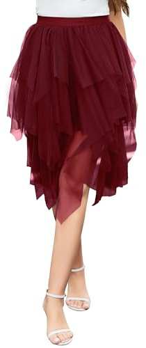 Wikoan Gonna in Ulle da Donna Elegante Abito Asimmetrico a Tre Strati in Tulle Trasparente con Fodera,Gonna a Rete da Principessa,Bordeaux,S