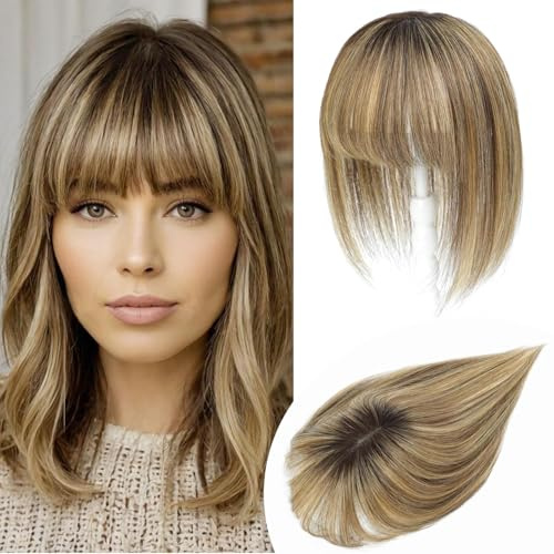 Lasunork Extensions de cheveux pour femmes - Extension de cheveux humains à clipser avec frange - Base suisse tissée à la main - Mélange brun moyen et blond avec racines brun foncé