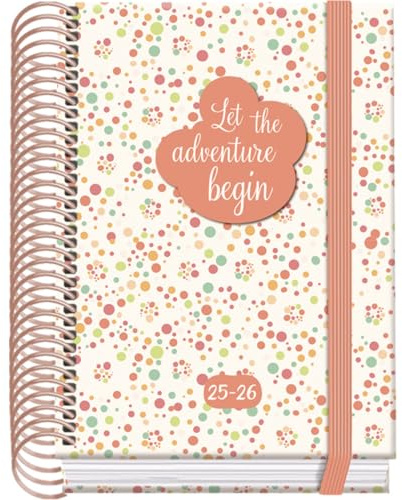 Dohe - Agenda Scolaire 2025 2026 - Jour Page, Taille A6 (12x17 cm), Espagnol et Anglais, Septembre à Juin, Reliure Spirale et Gomme, Couverture Rigide, 4 Pages de Stickers - PRIME Bubbles