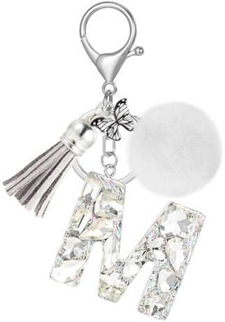 JSRQT Porte-clés avec Lettre M Initiale Bling, Alphabet Nom Porte-clés Strass en Résine pour Voiture, Pendentifs Papillon Pompons Bijou de Sac pour Femmes Filles Sac à Main et Dos