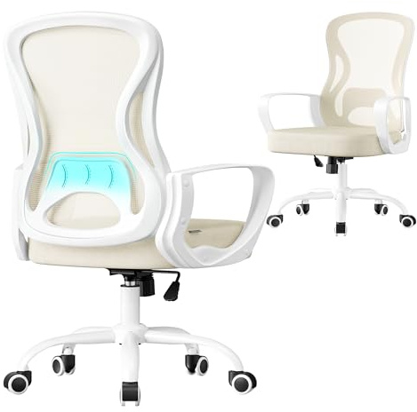 SONGMICS Silla de Oficina Ergonómica, Silla de Escritorio Giratoria de Malla con Soporte Lumbar, Reposabrazos, para Estudio y Dormitorio, Beige Capuchino y Blanco Nube OBN043LH02