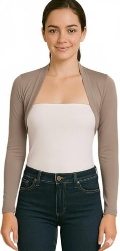 STAR FASHION Bolero Shrug Women's Shrugs Long Sleeve Mini Blouse Ladies Bolero Cardigan Cropped Top Open Front Plain Casual Summer Wear Stone 8-10
