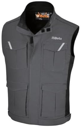 BETA Gilet da Lavoro Professionale, Grigio con Inserti Neri, 97% Cotone 3% Elasticizzato, Multitasche con Zip, Dettagli Reflex, 220g (IT, Testo, L, Regular, Regular)