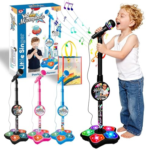 Microfono Karaoke per Bambini con Supporto, Microfono Per Bambini Con Stand - Mini Microfono, Adatto a Telefoni Cellulari, Lettori MP3 e Tablet, Adatto sia a Bambini che a Bambine (Nero)