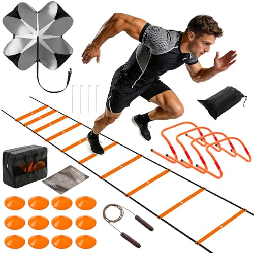 KMFurnila Agility Ladder Speed Training Equipment Set-20ft Ladder, 12 Cones, 4 Adjustable Hurdles, Jump Rope, Resistance Parachute| Basketball, Soccer, Football Practice Equipment for Youth, Adults
