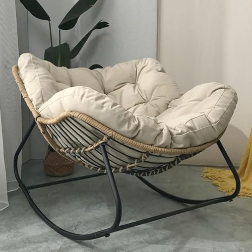 Papasan Mecedora para Patio al Aire Libre con Cojín Acolchado, Silla de Mimbre de Ratán de Gran Tamaño para Interiores, con Marco de Metal, Soporte Grande, Silla Moderna, Beige