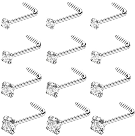 HAVIRI 12 Pièces Piercing Nez Acier Inoxydable Forme L, Lot de Bijoux de Corps avec Diamants de Tailles 1.5/2.0/2.5/3.0mm et Tige 7x0.8mm, Percing au Nez avec Pochette Velours pour Femmes Hommes