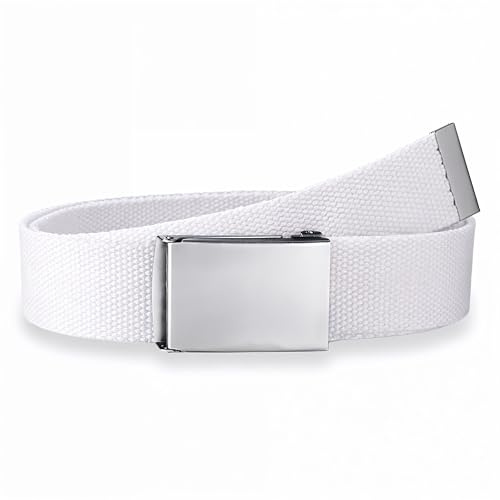 WedDecor Unisex Webbing Belt Fits 26-51 Inches - Army Combat Style Cotton Fabric Canvas Material - With Shiny Silver Buckle Slide Catch Clamp for Casual Wear-White