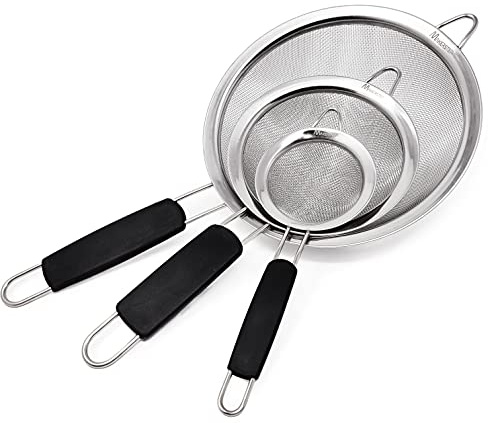 Makerstep - Juego de 3 coladores de malla fina de acero inoxidable, tamiz de alambre con mango aislado, utensilios de cocina, de 8,6 cm, 14 cm y 20 cm