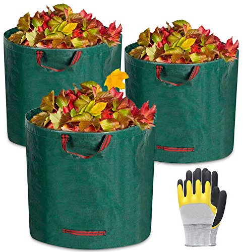Sacs de Jardin,3 * 272L Sacs à Déchets de Jardin,Sacs Poubelle pour Les Déchets de Jardin Feuillage de Pelouse Vert Coupe -Réutilisable,1 Paire de Gants de Jardinage