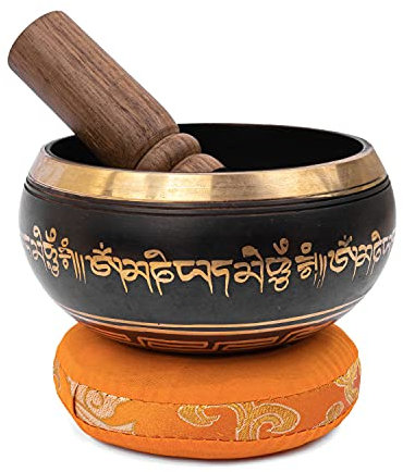 Tibetische Klangschale in nepalesischer Papierschachtel mit Schlegel und Kissen | Schöner Klang für Meditation und Entspannung | Antike schwarze handgemachte Schale
