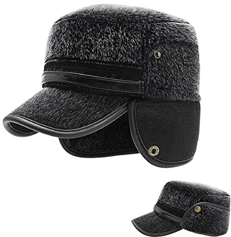Older Men Hat Winter Baseball Caps with Ear Flaps Faux Mink Fur Back Neck and Ear Protection Dad Hats Warm Peaked Caps Foldable Elder Mens Flip Flaps Flat Hats Outdoor Sports Wide Visor Brim Golf Cap