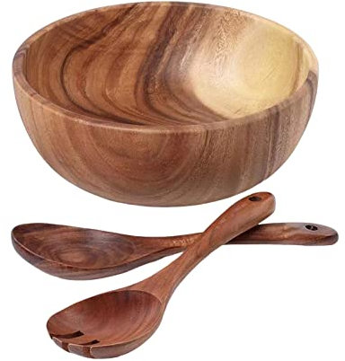 Altsuceser Juego de ensaladeras de madera, plato redondo grande, tenedor, cuchara, ensaladera grande de madera maciza con utensilios de madera, cuchara y tenedor, ideal para mezclar marrón