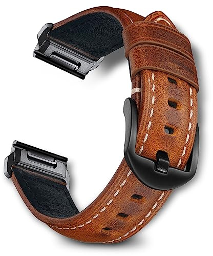 RoYiio Bracelet pour Garmin Fenix 8 47 mm/7 Pro/6 Pro/Quatix 8 47mm/Quatix 7Pro/Tactix 8 47mm Bracelet Rechange en Cuir Ciré à l'huile pour Descent G2/Fenix E/Marq/Epix 2 (QuickFit 22mm, Brun Clair)