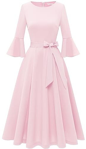 HomRain Kyrkklänningar för kvinnor 2025, bröllopsgäst, cocktail, tebjudning, klockad ärm, vintagestil, afton- och examensklänning, Rosa, XL