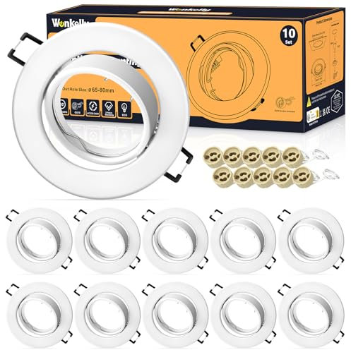 LED Einbaustrahler GU10 Set, (inkl. GU10 Fassung), LED Spots 230V, Lochdurchmesser 68mm, Einbaurahmen In Rund, Weiß Matt, 30° Schwenkbar, Einbauspots aus Metall, für Einbaubeleuchtung(10 Stück)