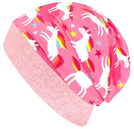 Wollhuhn ÖKO Leichte Mädchen/Jungen Beanie-Mütze Bündchen Elastisch Übergangszeit/Sommer Kinder-Mütze Baumwolle (Öko-Stoffe, Bio) 22222235 (Happy Unicorn/Einhorn Rosa, M)