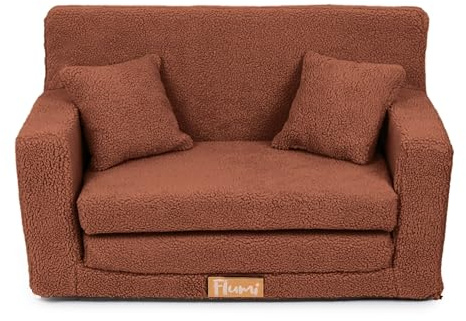 Flumi Personalised Kids Sofa Bed + Child's Name, Toddler Fald Out Sofa, Foam Play Couch, Baby Couch (Brown boucle)