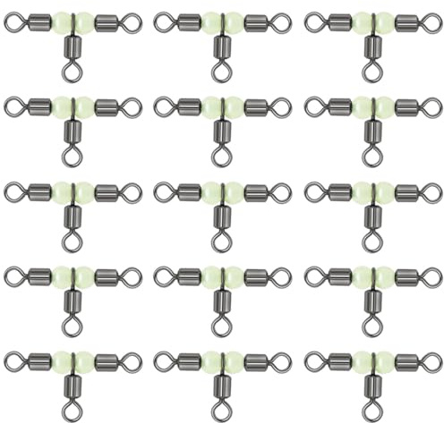 50 Stück 3-Wege-Wirbel, T-Form, Kreuzschnur-Fass Dreifachwirbel mit leuchtenden Perlen, Angel-Kugellager-Wirbel für Meeresangeln, Verbindungsgerät (10#)