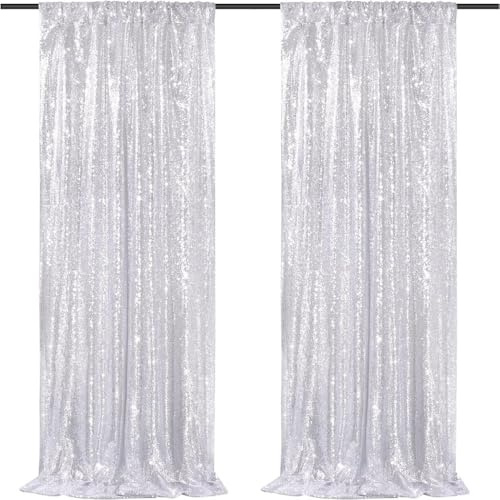 BrillShine Fond Photo, Toile de Fond Photo à Paillettes 60 x 240 cm, Lot de 2 Fond Photo Fête pour Noel, Fête, Mariages, Douches Nuptiales, Anniversaires, Remises des Diplômes(Argent)