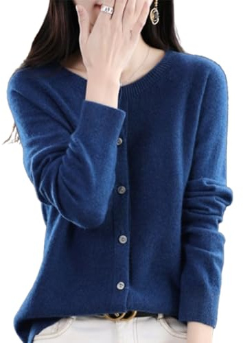 QingxingFa Cashmere Button Front Long Sleeve Cardigan Soft Warm Knit Elastic Jumpers,Cashmere Cardigan Sweaters for Women (Navy Blue,L)