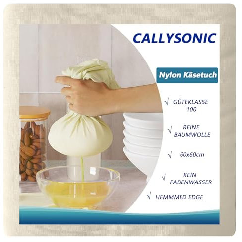 CALLYSONIC Lot de 2 torchons à fromage 60 x 60 cm - Grade 100 - En pur coton - Réutilisables - Mousseline non blanchie, lin - Passoire pour fromage fait maison, lait de noix, baies