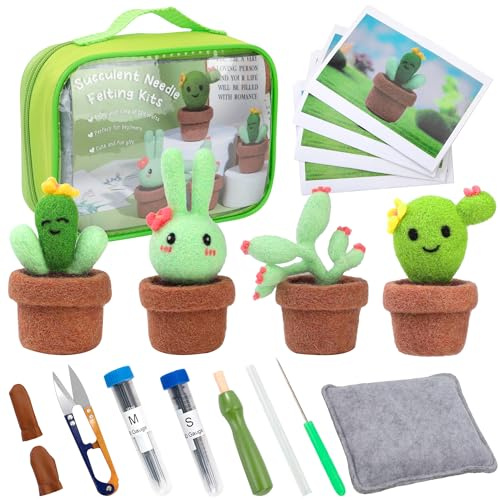 Jeesblsy Kit de Fieltro con Aguja, Decoración de Fieltro de, DIY Lana para principiantes, Incluye Instrucciones de Plantas de 4 piezas, Almohadilla para Fieltrar y Herramientas Básicas para Fieltrar