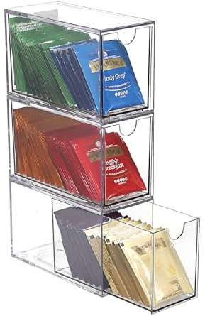 IGNPION 3 Layer Tea Organizer Drawer Box , Acrylic Kitchen Coffee Capsules and Tea Bag Holder with 3 Drawer, Stackable Small Desktop Storage Drawer for Office, Batheroom, Dresser