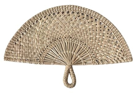 SHINROAD Summer Handheld Fan Weaving Hand Handmade Straw Natural Sea Grass Raffia Semicircular Woven Palm Leaf for Cooling Wedding Party Decoration Lightweight Khaki