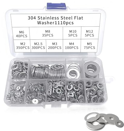 1110 Pcs Flat Washer, 304 Stainless Steel Washers Set Assorted Washers with Box Metal Washer Penny for Screws Bolts (M2 M2.5 M3 M4 M5 M6 M8 M10 M12)