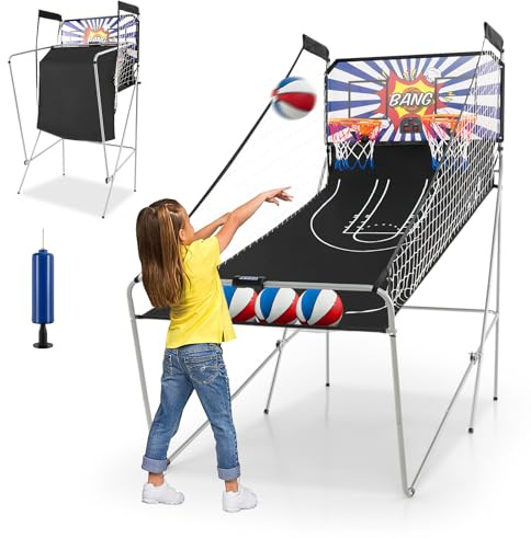 GYMAX Juguete de Baloncesto, Canasta de Baloncesto Plegable con 8 Ajustes de Juego, Pantalla Electrónica, 4 Pelotas y 2 Cestos, Máquina de Tiro para Adultos y Niños (Blanco)