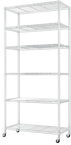 Bonnlo Regal mit Rollen, 6 Gitterböden, Höhenverstellbaren Einlegeböden und 4 Haken, Metallregal, Lagereinheit, Küchenregal, Kellerregal,90 × 45 × 200cm, Silber