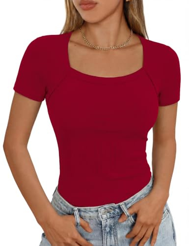 Aottori T-Shirt Femme Côtelé Manches Courtes Col Carré Tee Shirt Été Ajustée Haut Uni Chemises Chic Élégant Extensible Slim Basic Top Rouge L