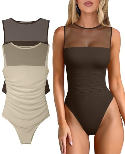 OQQ Women 2 Piece Bodysuit Mesh Ruched Sleeveless Turtle Neck Shapewear Body Suits One Piece Leotard Shirt Going Out Tops Darkbrown Oatmeal