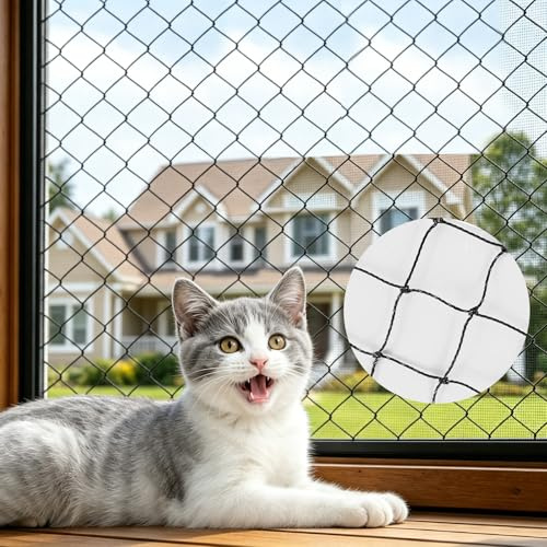 Kattnät för balkong 2 x 3 m, svart, trådförstärkt och rivtålig, kan monteras utan borrning, UV-beständigt balkongnät för katter, inkl. monteringssats, kattskyddsnät för fönster, terrass och dörrar | Trådförstärkt, slitstarkt, kan monteras utan borrning, UV-beständig, inkl. monteringssats
