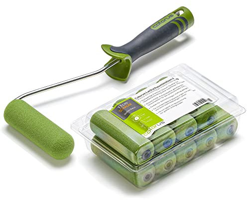 10 x Colorus Lackierwalze 11 cm abgerundet superfein PLUS | Lackierrollen beidseitig rund inkl. 2K Farbroller Bügel | Lackrolle für Wasserbasierte Lacke | Lackwalzen Schaumstoff mit Farbrollerbügel