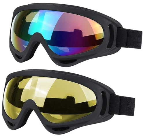 JTENG 2x Maschera da Sci con Protezione UV & Anti-Appannamento per Uomo e Donna - Occhialoni da Sci per Portatori di Occhiali, Snowboard & Motocross (Colore + Giallo)