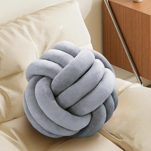 Silver Knot Pillow Ball, Handmade Decorative Throw Pillow, Soft Round Knotted Cushion for Couch & Bedroom, Cute Home Decor, Braided Pillow for Living Room (7.87 Inches, Silver)