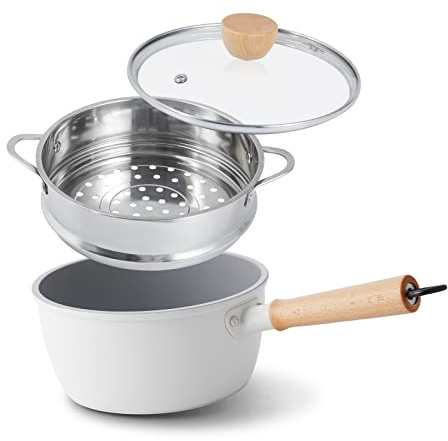 ROCKURWOK Ceramic Nonstick Sauce Pan, 3 QT Pot with Steamer, Non Toxic & PFAS-Free, Wooden Handle for Cool Touch, Universal Base(Gas, Electric & Induction), White