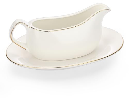 BSTKEY 17 Oz White Ceramic Gravy Boat with Tray, Porcelain Saucier Pitcher with Gold Rim Decor, Sauce Boat with Big Dripless Lip Spout for Gravy, Salad Dressings, Creamer, Milk