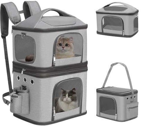 FASNATI Abnehmbarer Katzenrucksack für 2 Katzen bis 12kg, Faltbar Katzentransportbox, Kucksack Groß für 2 Katzen, Perfekt für Reisen/Wandern/Camping, Grau