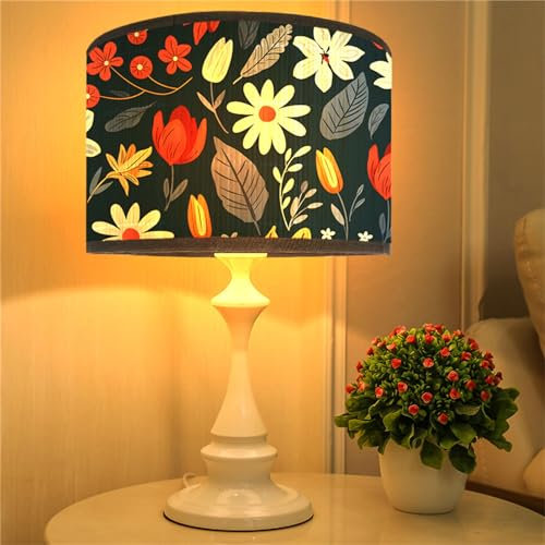 Morbuy Paralume Bambù con Motivo Fiori - Lampada a Tamburo Diametro 30cm per Comodino (Fiori Rossi)