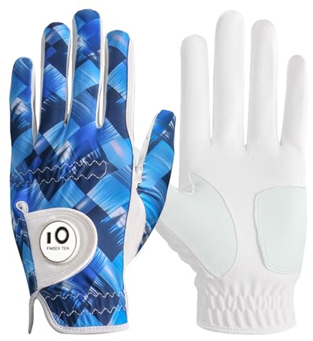 FINGER TEN Golf Gloves Men Left Hand Right with Ball Marker Cabretta Leather Weathersof Value Pack,Mens Golf Glove Fashion Pattern Wear Resistant (Navy, ML,Left)