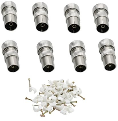 Reulin Kit- 4 Male and 4 Female RF Coaxial TV Aerial Cable Connectors with 40 Pcs - 7mm Coax Cable Clips – UK Version for TV, Signal Booster and Antenna Installations