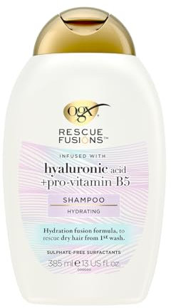 OGX Rescue Fusions Hydrating Shampoo, Hyaluronic Acid with Pro-Vitamin B5, Reduces Dry Hair from the First Wash, Sulfate Free, 385ml