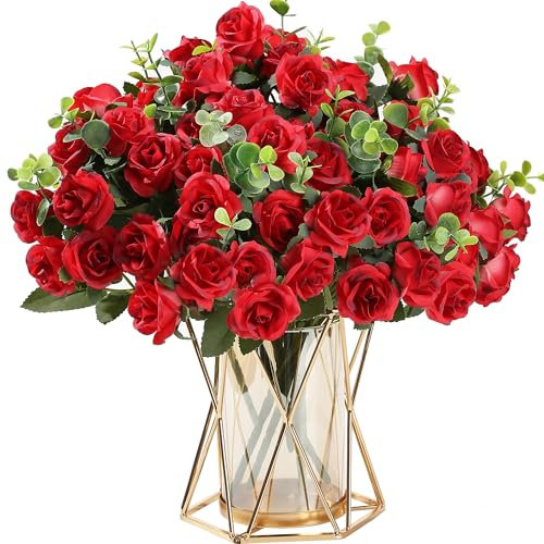 HNVNER 2 Bunches Artificial Flowers, Red Fake Roses Silk Flowers Bouquets with Eucalyptus for Graves Outdoor Wedding Home Decor
